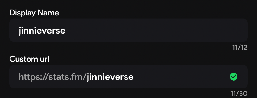 stats.fm Settings Profile screen showing Display Name and Custom url. The username is jinnieverse at the end of https://stats.fm/jinnieverse in Custom url.